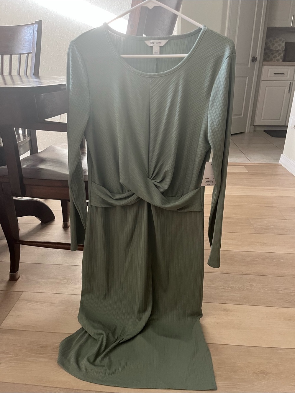 Nine West Olive Green Long Sleeve Twist-Knot Midi Dress